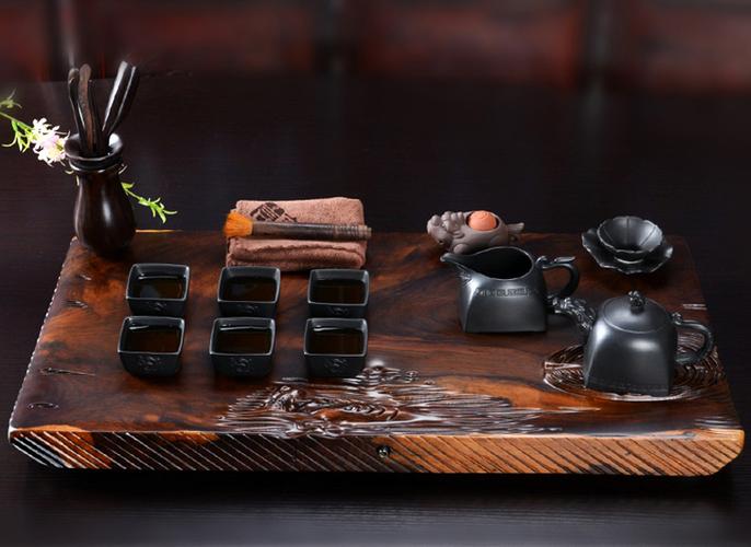 言艺 茶具套装 整版黑檀木实木茶盘配紫砂功夫茶具套装